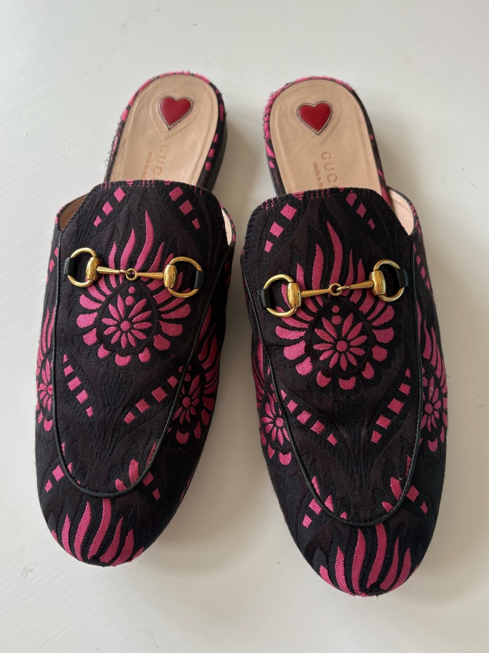 Gucci Princetown Horsebit Womens Black Pink Floral Jacquard Slide Mules 41 10